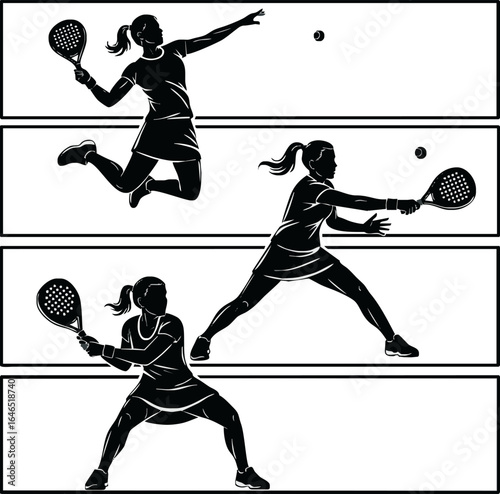 A set of three dynamic silhouettes of a female padel player in different action poses.