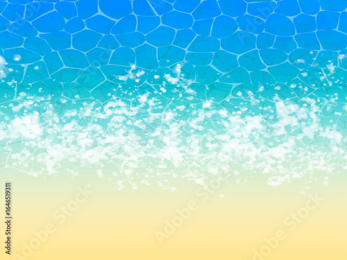 砂浜の波打ち際イメージの背景素材。手描きの水彩風テクスチャーとゆらゆらした透き通った水面の輝きのイメージ。爽やかな水色とエメラルドグリーン。波打ち際の泡立った様子。