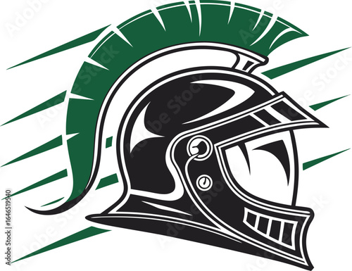 Spartan Warrior Helmet With Green Plume And Speed Lines On White Background Greek roman style vector illustration EPS file download