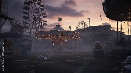 Spooky deserted amusement park with rusted rides and eerie clown masks offering a chilling and unsettling atmosphere revealing desolation, darkness and faded glory of a once vibrant carnival abandoned
