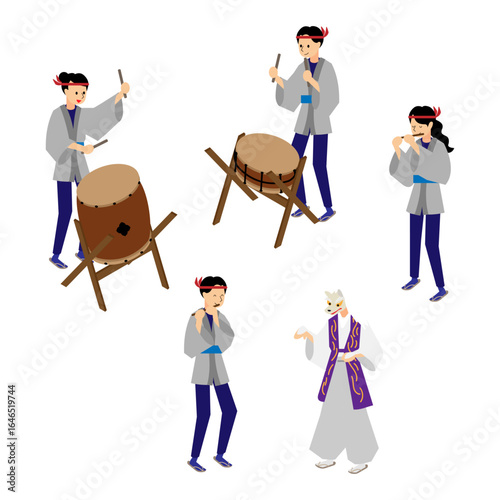 和太鼓演奏者と演目衣装の人物セット（アイソメトリック）