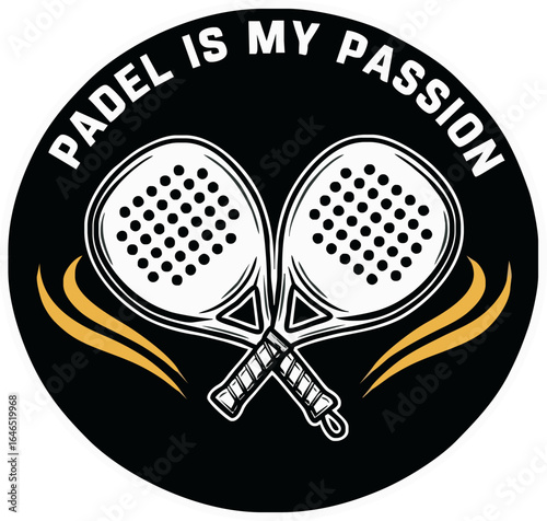 Passionate Padel player emblem: crossed paddles, text proclaims love for the sport.