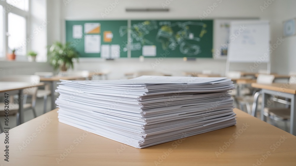 Displaying stack of papers on wooden desk in classroom, with chalkboard, flip chart, potted plant Displaying stack of papers on wooden desk in classroom, with chalkboard, flip chart, potted plant