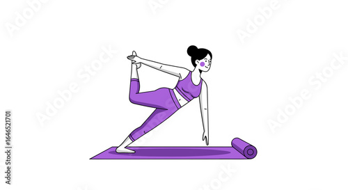 Woman in purple sportswear performing lord of the dance pose on a yoga mat