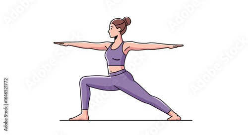 Woman in purple athletic wear performing warrior two yoga pose with arms extended
