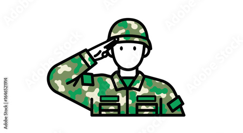 A soldier in camouflage uniform saluting with a helmet on a white background