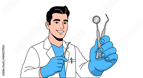 A smiling dentist in a lab coat holding dental instruments in gloved hands