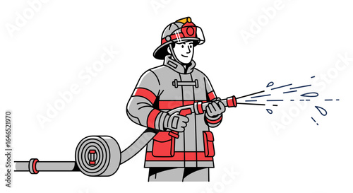 A firefighter in uniform holding a hose spraying water with a coiled hose nearby