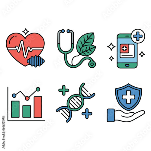 Medical Icons Heart Stethoscope Smartphone D N A Chart Shield Hand