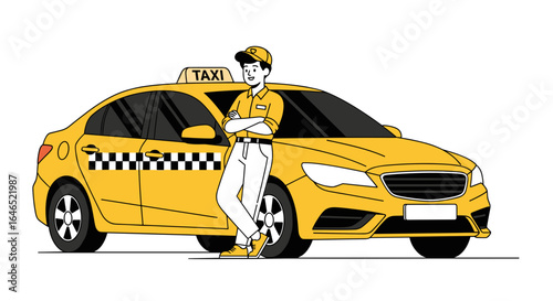 A taxi driver stands beside a yellow cab with a taxi sign on the roof of the car