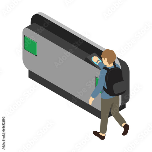 アイソメトリックイラスト：駅改札機をスマートウォッチで通る男性