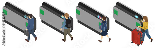 アイソメトリックイラスト：駅改札機を通る人