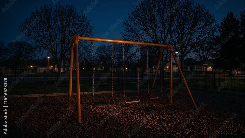 Fototapeta premium Swing set with three empty swings standing in park at night, with woodchip ground, metal fence