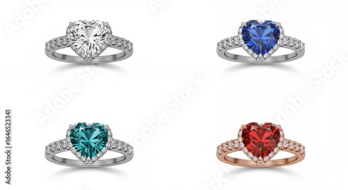 Four heart shaped rings displayed on white background