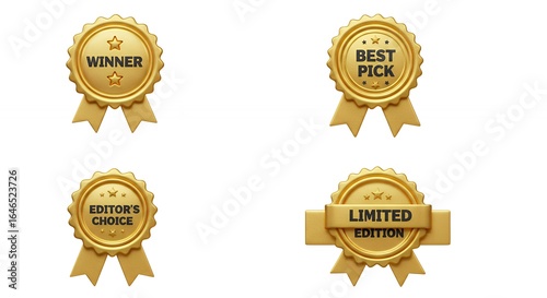 Golden award badges isolated on white background