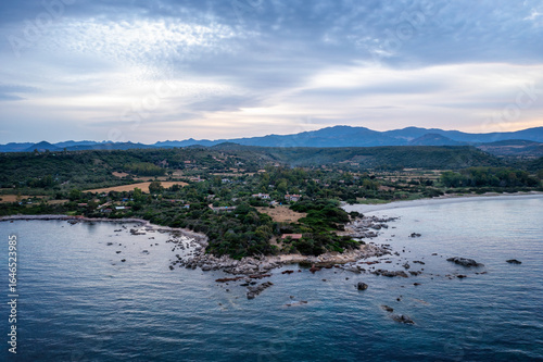 Aerial view of a rocky coastline, vegetation, and mountains in S