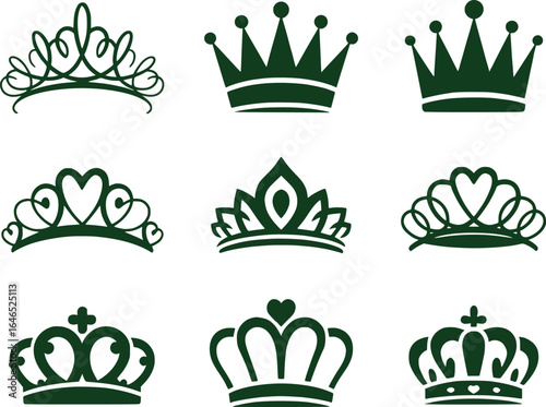 A Collection of Elegant Crowns Depicted as Dark Green Silhouettes on a White Backdrop Displaying Royalty Wealth and Symbolic Authority Gracefully
