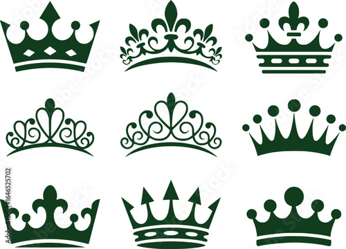 A Collection of Dark Green Silhouetted Crown Designs Royal and Regal Insignias for Celebrations and Invitations and Symbolize Authority and Status