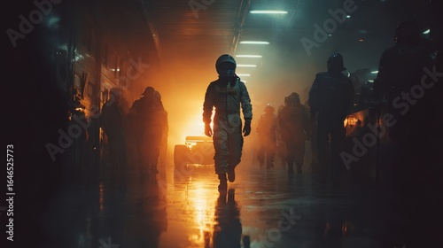 Astronaut walks through dark, smoky corridor toward bright light with other figures in the background