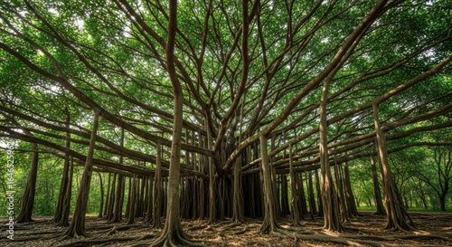 Majestic banyan tree canopy creates a natural cathedral in a lush green forest landscape