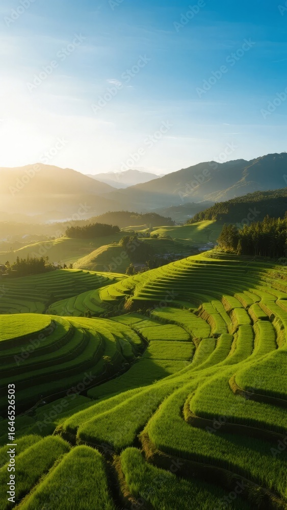 Obraz premium Sunlit Terraced Rice Fields Nestled in Rolling Hills