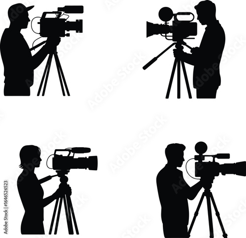 Silhouette of camera operators filming with video cameras on tripods, professional crew shooting media production, broadcasting, cinematography, equipment, footage, teamwork