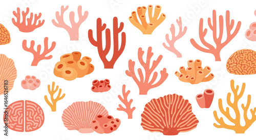 Colorful Coral Reef Seamless Pattern on White Backdrop Vector Illustration