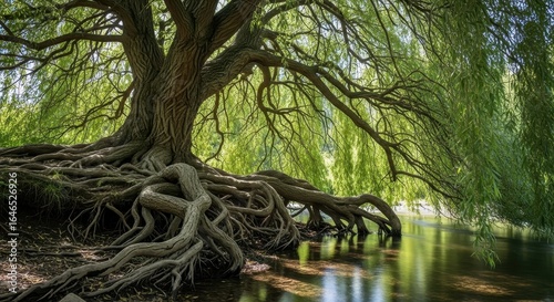 Majestic weeping willow tree with exposed roots cascading into serene water scene