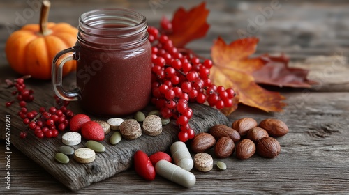 mix berries juice with red berries branch, and autumn foliage , vitamin pills on wooden table , seasonal health care concept 