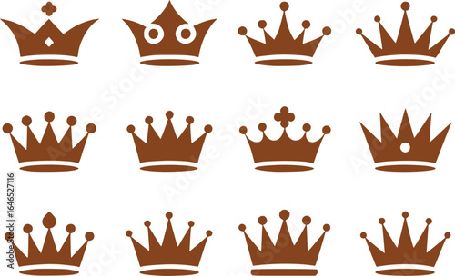 A regal collection of elegant brown crowns in various styles showcasing royalty, power, and sophistication in this charming design ensemble