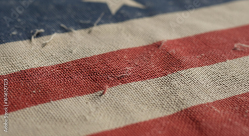 A high-quality close-up of a rough, sun-faded flag fabric with a coarse texture and frayed edges.