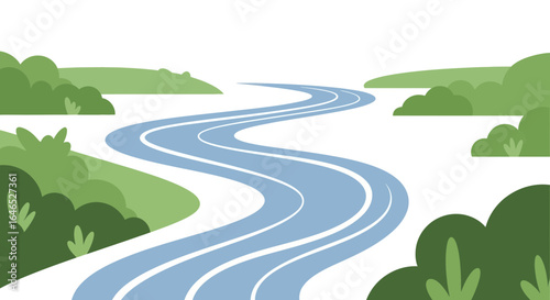 Scenic river illustration with green vegetation and flowing watercourse