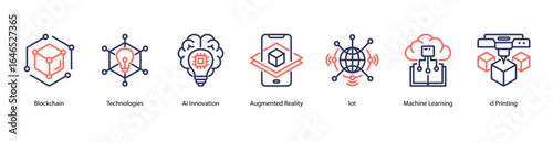 Emerging Tech Frontier web banner icon vector illustration featuring Blockchain, Technologies, AI Innovation, Augmented Reality, IoT, Machine Learning, and 3D Printing.