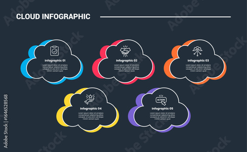 cloud shape infographic process diagram with cloud shape up and down with background layer with dark background bright outline style 5 points