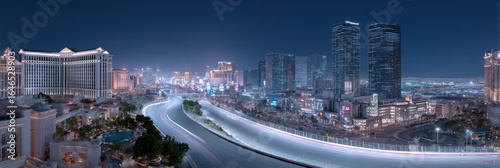 Vibrant night view of a Las Vegas cityscape filled with glowing lights and bustling activity along the main boulevard