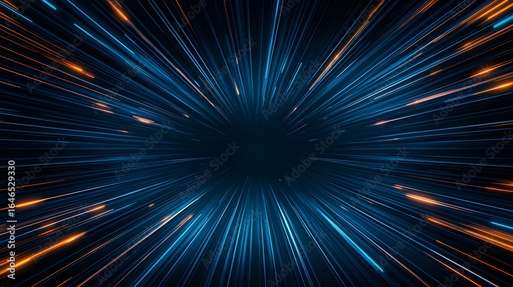 Obraz premium This image shows a burst of straight glowing lines emanating from a central point in a dark background, with a mix of blue cool tones and orange warm tones, suggesting speed or light trails.