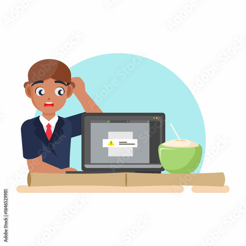 Digital Dilemma: A frustrated individual faces a tech issue, a laptop screen error, paired with a refreshing coconut.