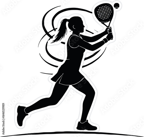 Dynamic black silhouette of a female padel player lunging forward to hit the ball.