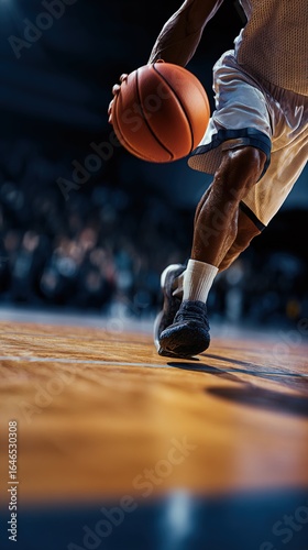 Basketball player dribbling on court. Close-up of ball control. Sports and basketball training concept. Design for poster, banner. High quality