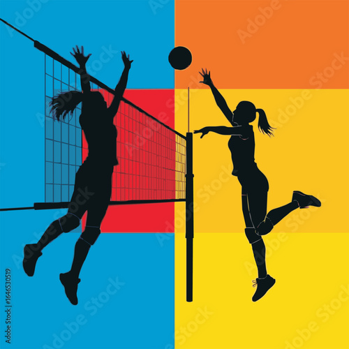 Two female volleyball players compete intensely, silhouettes against a vibrant, geometric background.