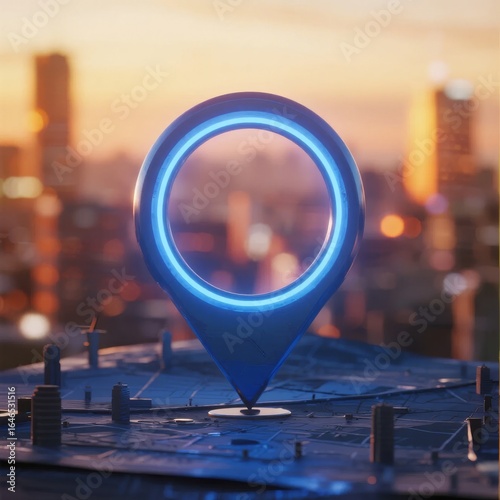 Glowing Blue Location Pin Over a Cityscape at Sunset