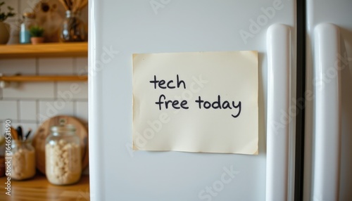 Tech-Free Day Reminder Kitchen Handwritten Note Home Environment Close-Up Mindfulness Concept