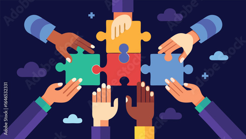 A group of business people joining puzzle pieces, representing collaboration and unity in achieving goals..eps