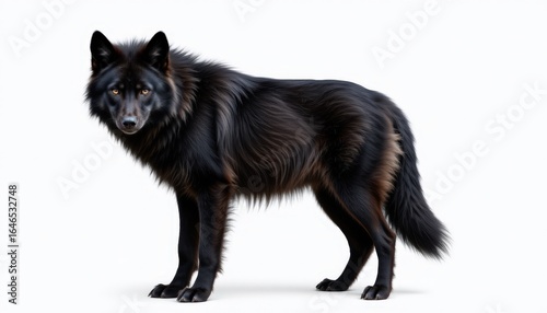 Majestic Black Wolf Standing Isolated on White Background Studio Artistic Presentation Close-Up View Wildlife Concept