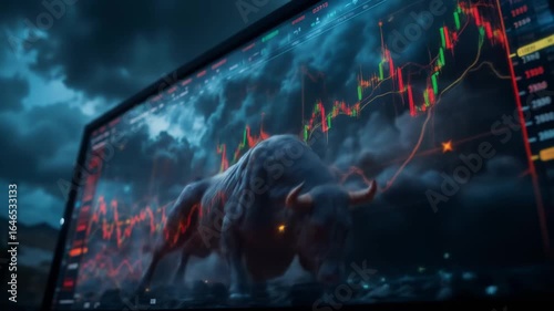 Bull Market Surge: Stock Chart Overlay with Charging Bull Animation on Screen