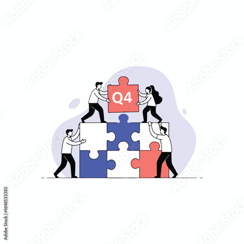 Teamwork and collaboration building a puzzle representing Q4 success.