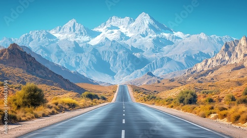 Winding Mountain Road to Snow-Capped Peaks Under Clear Blue Sky, Summer Landscape Photo-Realistic HD  