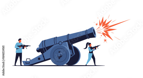 Two people operating a large cannon aiming and firing with explosions and sparks emanating from the barrel as they hold rifles