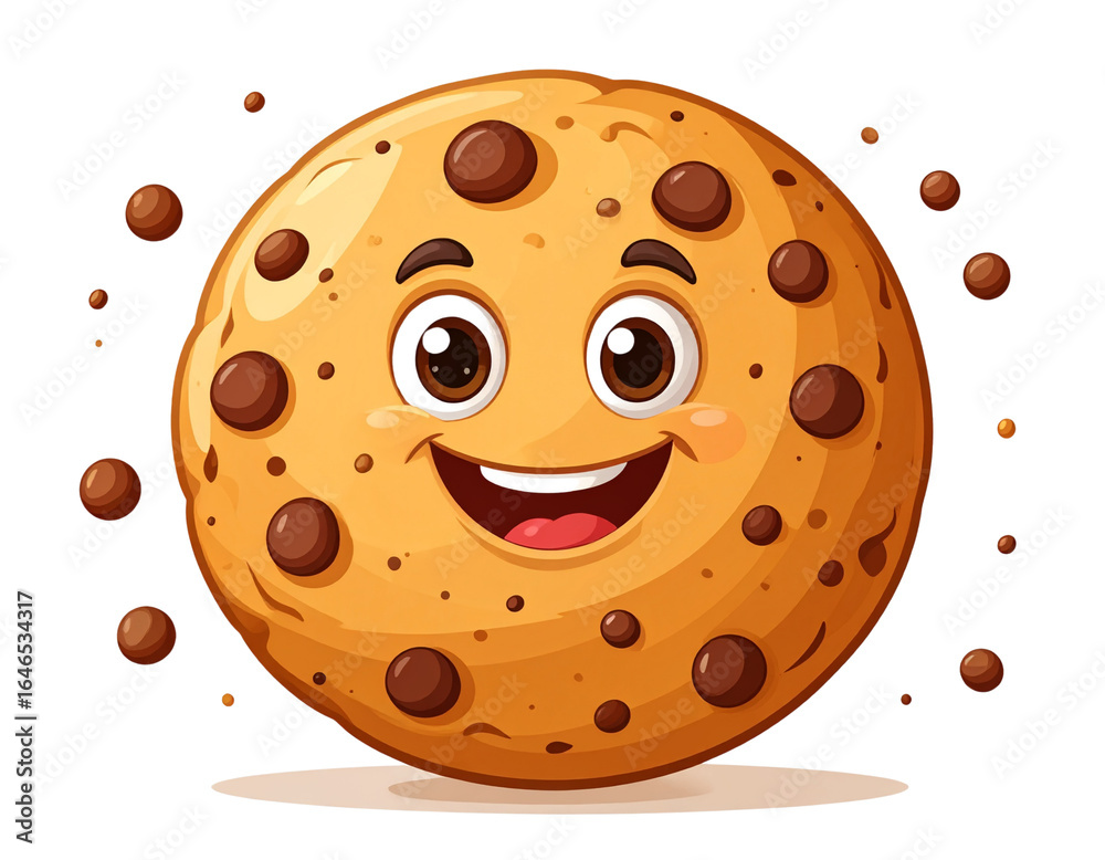 Fototapeta premium Cute Cartoon Chocolate Chip Cookie with Smiling Face, Front View, isolated on transparent background PNG
