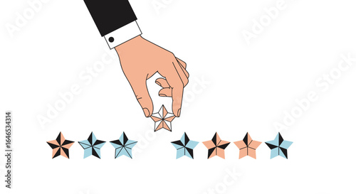 Customer satisfaction rating process expert hand carefully placing a star for a five star review score
